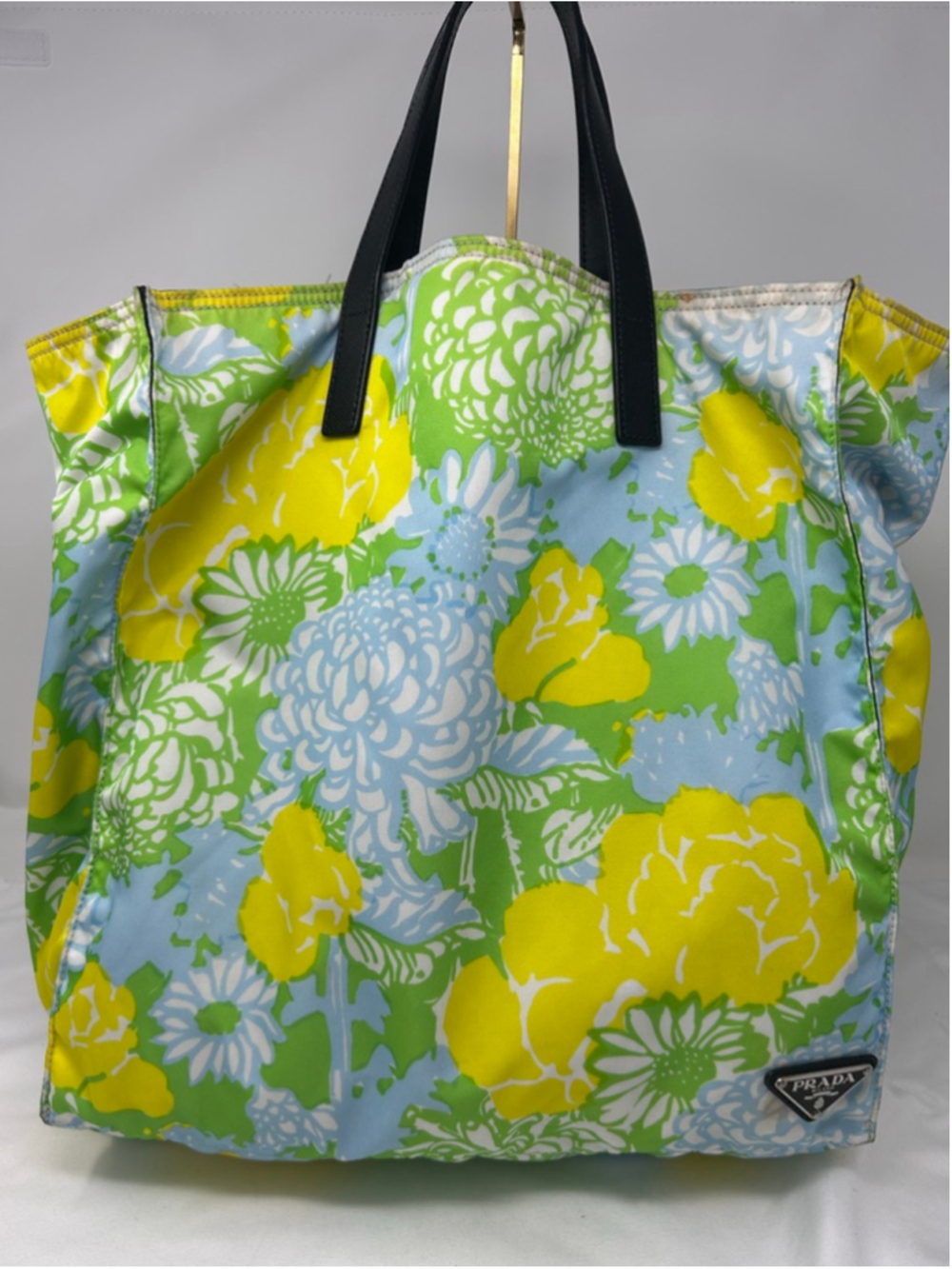 Prada Floral Print Nylon Tote Bag Triangle Logo Auth Card Included